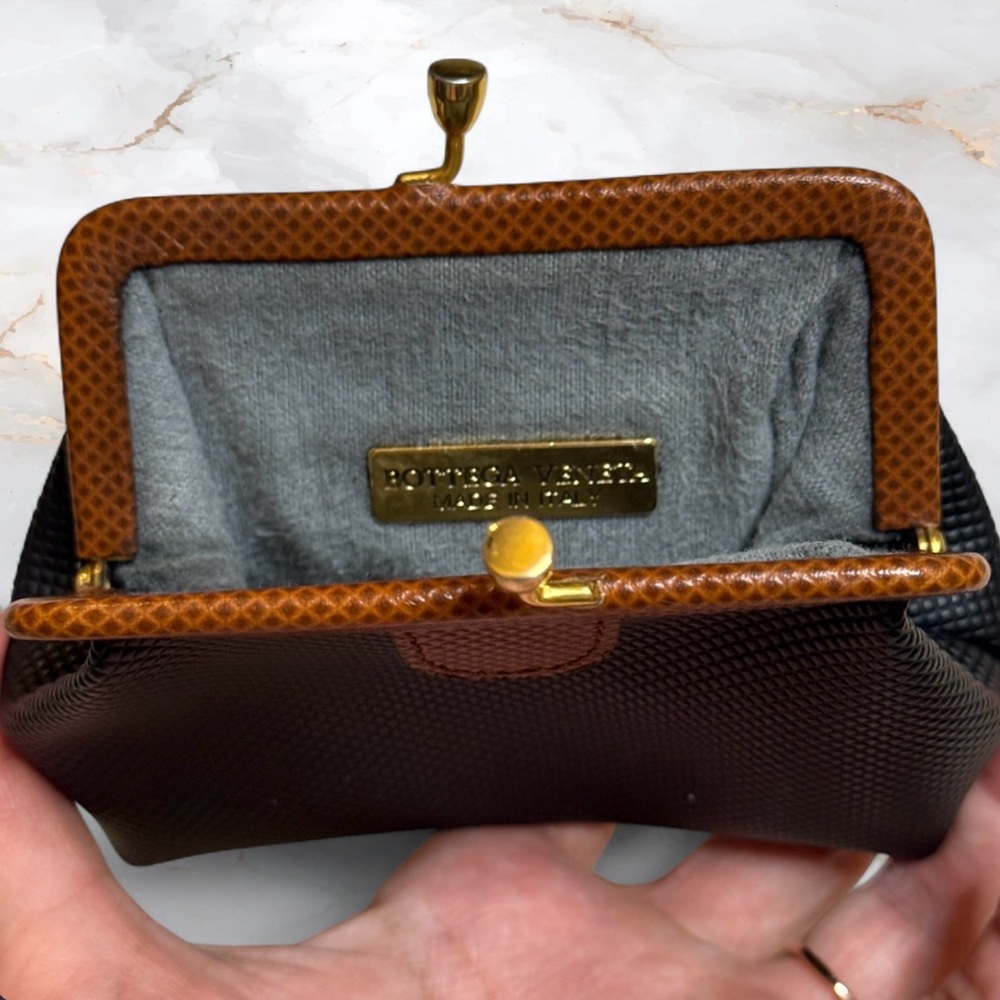 Vintage Bottega Veneta Lizard Skin & Black Leather Kiss Lock Small Clutch EUC - Picture 3 of 8